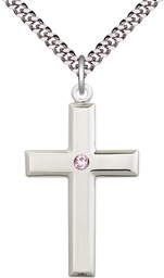 [2192SS-STN6/24S] Sterling Silver Cross Pendant with a 3mm Light Amethyst Swarovski stone on a 24 inch Light Rhodium Heavy Curb chain