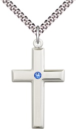 [2192SS-STN9/24S] Sterling Silver Cross Pendant with a 3mm Sapphire Swarovski stone on a 24 inch Light Rhodium Heavy Curb chain