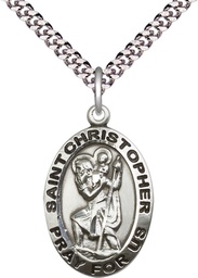 [4020SS/24S] Sterling Silver Saint Christopher Pendant on a 24 inch Light Rhodium Heavy Curb chain