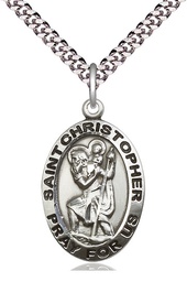 [4020SS/24S] Sterling Silver Saint Christopher Pendant on a 24 inch Light Rhodium Heavy Curb chain
