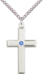 [2192SS-STN9/24SS] Sterling Silver Cross Pendant with a 3mm Sapphire Swarovski stone on a 24 inch Sterling Silver Heavy Curb chain
