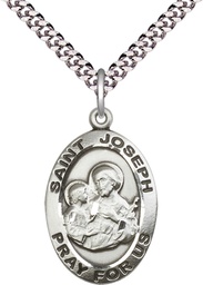 [4024SS/24S] Sterling Silver Saint Joseph Pendant on a 24 inch Light Rhodium Heavy Curb chain