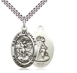 [4027SS/24S] Sterling Silver Saint Michael the Archangel Pendant on a 24 inch Light Rhodium Heavy Curb chain