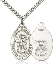[1171SS6/24S] Sterling Silver Saint Michael Navy Pendant on a 24 inch Light Rhodium Heavy Curb chain