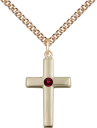 [2195GF-STN1/24GF] 14kt Gold Filled Cross Pendant with a 3mm Garnet Swarovski stone on a 24 inch Gold Filled Heavy Curb chain