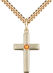 [2195GF-STN11/24G] 14kt Gold Filled Cross Pendant with a 3mm Topaz Swarovski stone on a 24 inch Gold Plate Heavy Curb chain