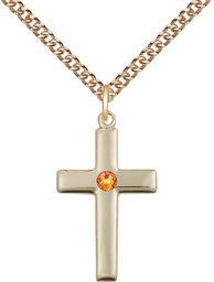[2195GF-STN11/24GF] 14kt Gold Filled Cross Pendant with a 3mm Topaz Swarovski stone on a 24 inch Gold Filled Heavy Curb chain