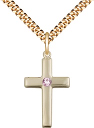 [2195GF-STN6/24G] 14kt Gold Filled Cross Pendant with a 3mm Light Amethyst Swarovski stone on a 24 inch Gold Plate Heavy Curb chain