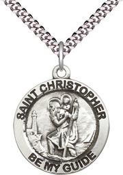 [4075SS/24S] Sterling Silver Saint Christopher Pendant on a 24 inch Light Rhodium Heavy Curb chain