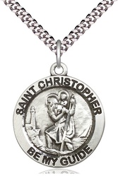 [4075SS/24S] Sterling Silver Saint Christopher Pendant on a 24 inch Light Rhodium Heavy Curb chain