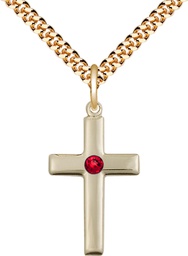 [2195GF-STN7/24G] 14kt Gold Filled Cross Pendant with a 3mm Ruby Swarovski stone on a 24 inch Gold Plate Heavy Curb chain
