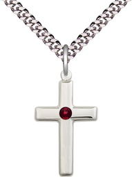 [2195SS-STN1/24S] Sterling Silver Cross Pendant with a 3mm Garnet Swarovski stone on a 24 inch Light Rhodium Heavy Curb chain