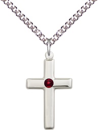 [2195SS-STN1/24SS] Sterling Silver Cross Pendant with a 3mm Garnet Swarovski stone on a 24 inch Sterling Silver Heavy Curb chain