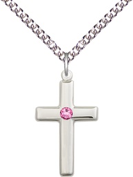 [2195SS-STN10/24SS] Sterling Silver Cross Pendant with a 3mm Rose Swarovski stone on a 24 inch Sterling Silver Heavy Curb chain