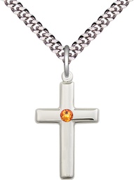 [2195SS-STN11/24S] Sterling Silver Cross Pendant with a 3mm Topaz Swarovski stone on a 24 inch Light Rhodium Heavy Curb chain