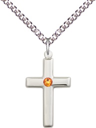[2195SS-STN11/24SS] Sterling Silver Cross Pendant with a 3mm Topaz Swarovski stone on a 24 inch Sterling Silver Heavy Curb chain