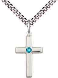 [2195SS-STN12/24S] Sterling Silver Cross Pendant with a 3mm Zircon Swarovski stone on a 24 inch Light Rhodium Heavy Curb chain