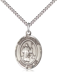 [8417SS/18S] Sterling Silver Saint Maron Pendant on a 18 inch Light Rhodium Light Curb chain