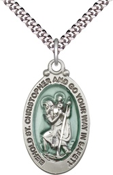[4145ECSS/24S] Sterling Silver Saint Christopher Pendant on a 24 inch Light Rhodium Heavy Curb chain