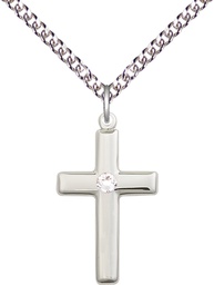 [2195SS-STN4/24SS] Sterling Silver Cross Pendant with a 3mm Crystal Swarovski stone on a 24 inch Sterling Silver Heavy Curb chain
