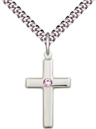 [2195SS-STN6/24S] Sterling Silver Cross Pendant with a 3mm Light Amethyst Swarovski stone on a 24 inch Light Rhodium Heavy Curb chain