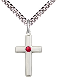 [2195SS-STN7/24S] Sterling Silver Cross Pendant with a 3mm Ruby Swarovski stone on a 24 inch Light Rhodium Heavy Curb chain