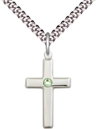 [2195SS-STN8/24S] Sterling Silver Cross Pendant with a 3mm Peridot Swarovski stone on a 24 inch Light Rhodium Heavy Curb chain