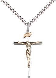 [2235GF/SS/18S] Two-Tone GF/SS Crucifix Pendant on a 18 inch Light Rhodium Light Curb chain