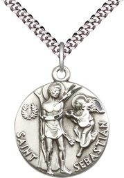[4239SS/24S] Sterling Silver Saint Sebastian Pendant on a 24 inch Light Rhodium Heavy Curb chain