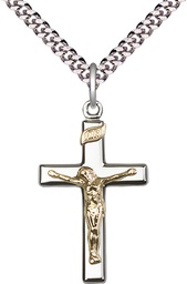 [2291GF/SS/24S] Two-Tone GF/SS Crucifix Pendant on a 24 inch Light Rhodium Heavy Curb chain