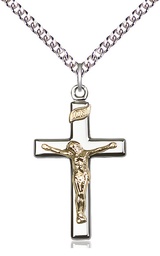 [2291GF/SS/24SS] Two-Tone GF/SS Crucifix Pendant on a 24 inch Sterling Silver Heavy Curb chain