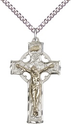 [2440GF/SS/24SS] Two-Tone GF/SS Celtic Crucifix Pendant on a 24 inch Sterling Silver Heavy Curb chain