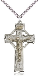 [2460GF/SS/24SS] Two-Tone GF/SS Mens Celtic Crucifix Pendant on a 24 inch Sterling Silver Heavy Curb chain