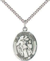 [8439SS/18S] Sterling Silver Guardian Angel w/Children Pendant on a 18 inch Light Rhodium Light Curb chain
