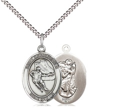 [8504SS/18S] Sterling Silver Saint Christopher Hockey Pendant on a 18 inch Light Rhodium Light Curb chain