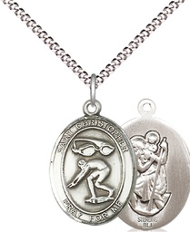 [8511SS/18S] Sterling Silver Saint Christopher Swimming Pendant on a 18 inch Light Rhodium Light Curb chain