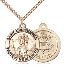 [1174GF2/24GF] 14kt Gold Filled Saint Christopher Army Pendant on a 24 inch Gold Filled Heavy Curb chain