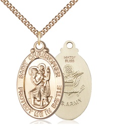 [1175GF2/24GF] 14kt Gold Filled Saint Christopher Army Pendant on a 24 inch Gold Filled Heavy Curb chain