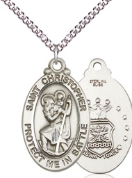 [1175SS1/24SS] Sterling Silver Saint Christopher Air Force Pendant on a 24 inch Sterling Silver Heavy Curb chain