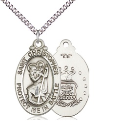 [1175SS1/24SS] Sterling Silver Saint Christopher Air Force Pendant on a 24 inch Sterling Silver Heavy Curb chain