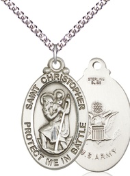[1175SS2/24SS] Sterling Silver Saint Christopher Army Pendant on a 24 inch Sterling Silver Heavy Curb chain