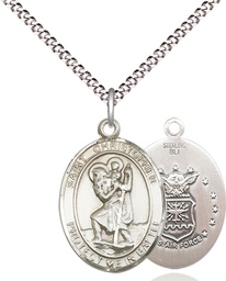 [1176SS1/18S] Sterling Silver Saint Christopher Air Force Pendant on a 18 inch Light Rhodium Light Curb chain