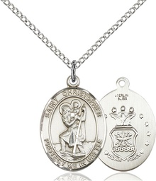 [1176SS1/18S] Sterling Silver Saint Christopher Air Force Pendant on a 18 inch Light Rhodium Light Curb chain