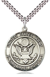 [1182SS2/24S] Sterling Silver Army St Christopher Pendant on a 24 inch Light Rhodium Heavy Curb chain