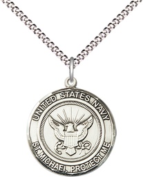 [1185SS6/18S] Sterling Silver Navy St Michael Pendant on a 18 inch Light Rhodium Light Curb chain