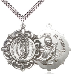 [1197SS/24S] Sterling Silver Our Lady of Guadalupe Pendant on a 24 inch Light Rhodium Heavy Curb chain