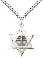 [1210YSS/24SS] Sterling Silver Star of David w/ Cross Pendant on a 24 inch Sterling Silver Heavy Curb chain