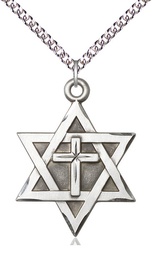 [1212YSS/24SS] Sterling Silver Star of David w/ Cross Pendant on a 24 inch Sterling Silver Heavy Curb chain