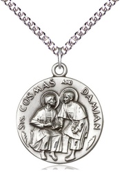 [1368SS/24SS] Sterling Silver Saints Cosmas &amp; Damian Pendant on a 24 inch Sterling Silver Heavy Curb chain