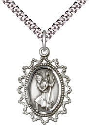 [1619CSS/24S] Sterling Silver Saint Christopher Pendant on a 24 inch Light Rhodium Heavy Curb chain